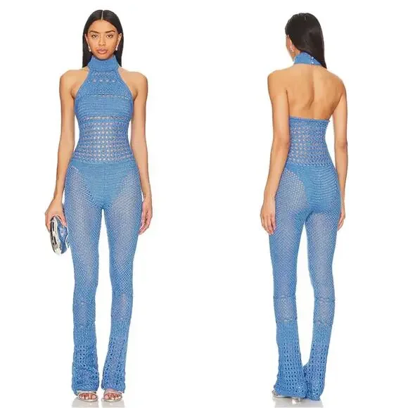 RETROFETE Kalena Knit Crochet Tropical Blue Flared Jumpsuit Size Small - Picture 2 of 10